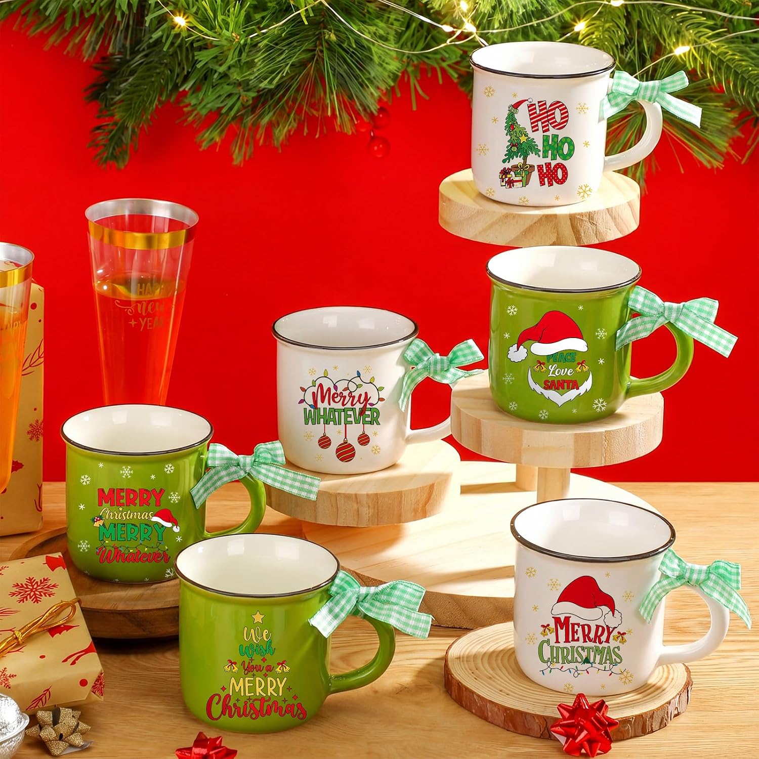 6 Pieces Mini Christmas Coffee Mugs With Ribbons For Men And Women