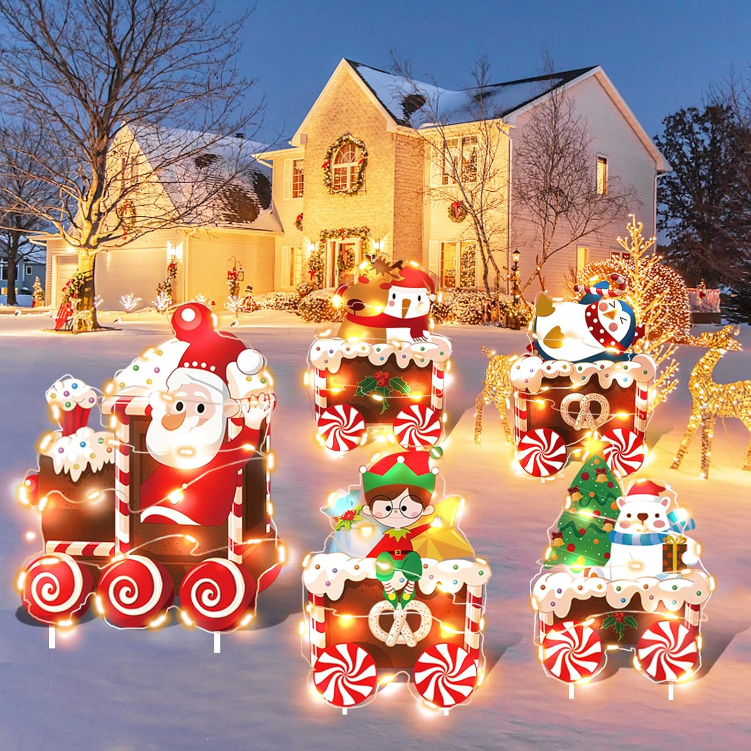 Christmas Train Yard Decorations with LED String Lights and Stakes