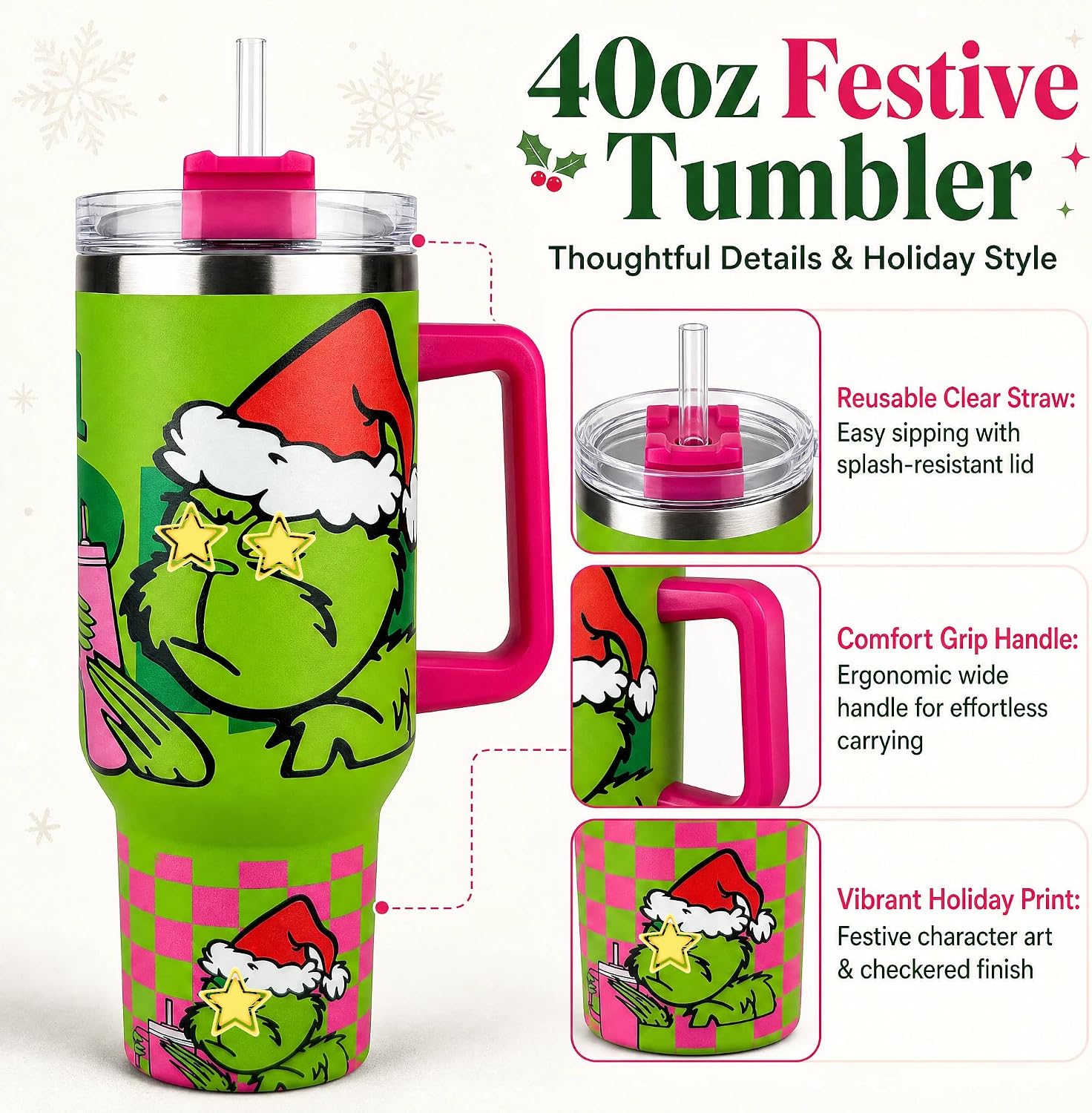 40 oz Christmas Character Stainless Steel Insulated Tumbler with Handle and Straw