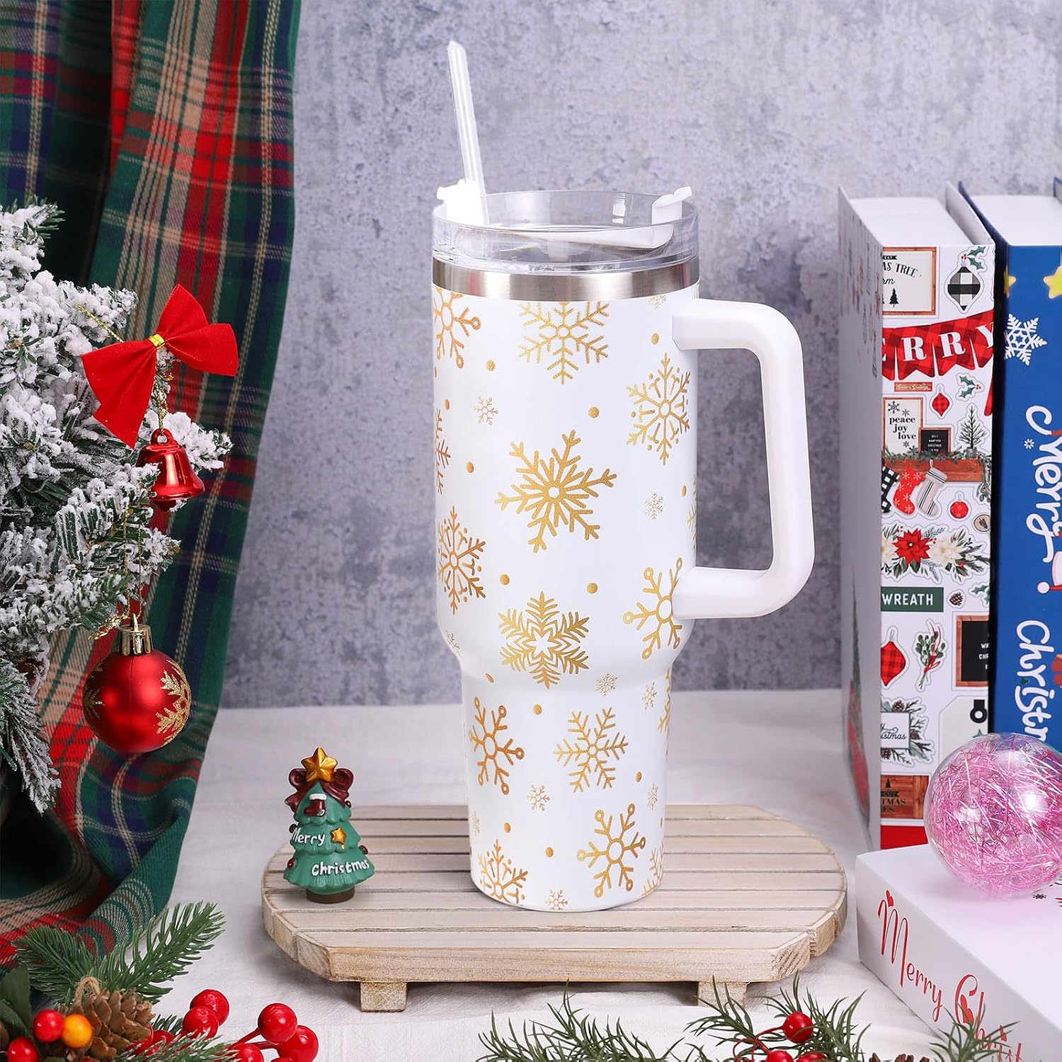 40 oz Christmas Snowflake Travel Tumbler with Handle Lid and Straw