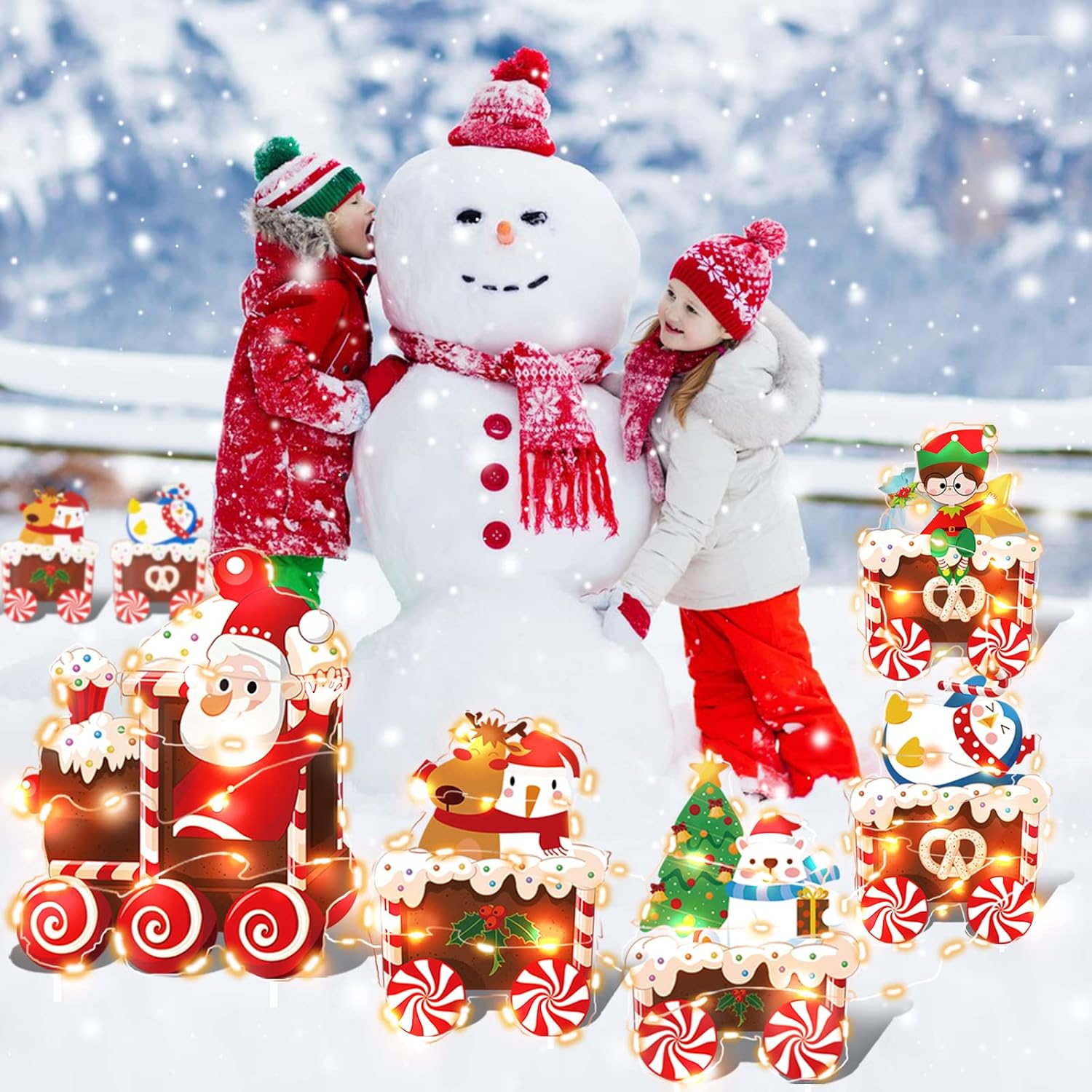 Christmas Train Yard Decorations with LED String Lights and Stakes