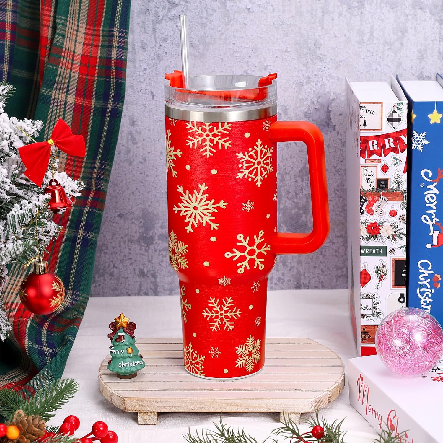 40 oz Christmas Snowflake Travel Tumbler with Handle Lid and Straw