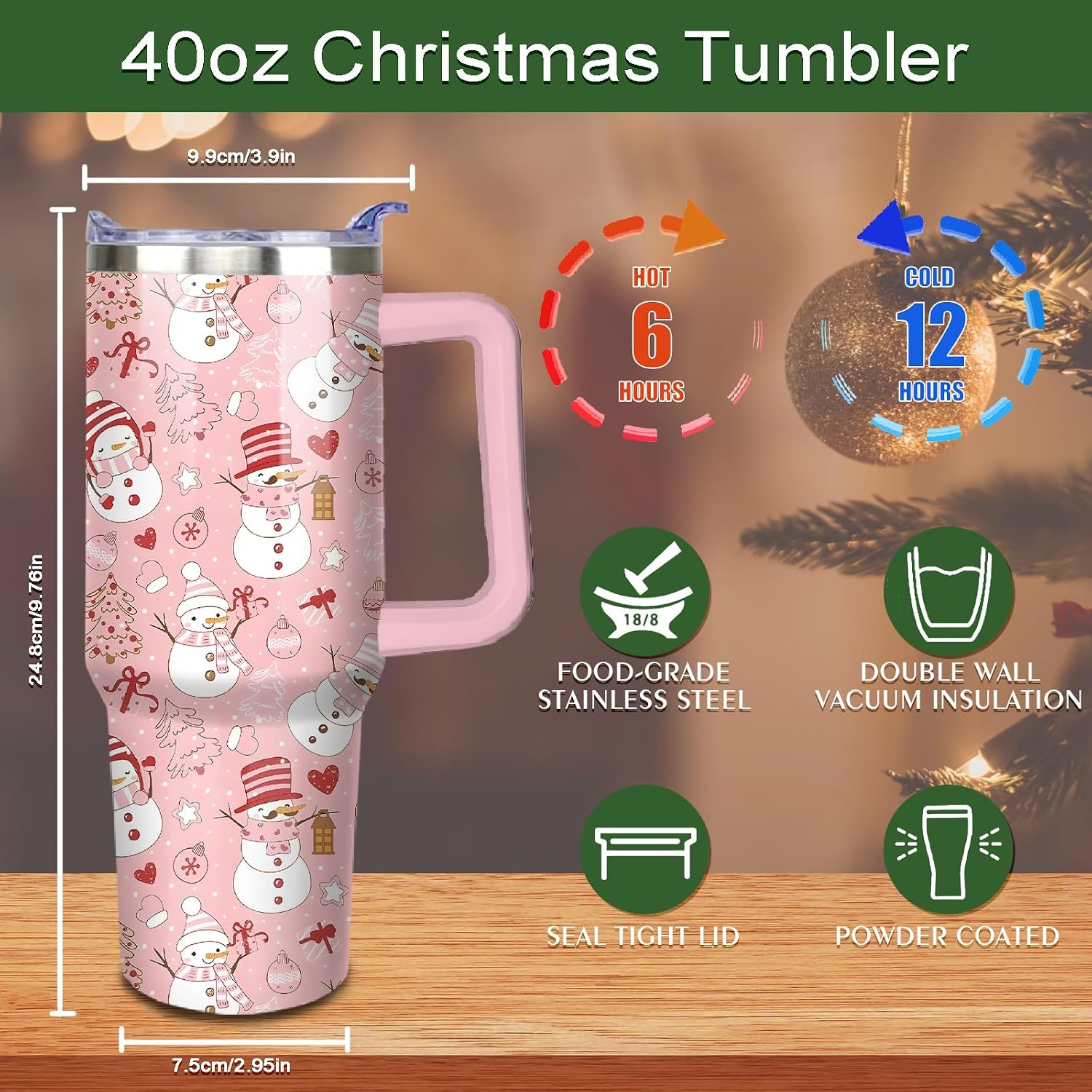 40 oz Christmas Snowman Stainless Steel Insulated Tumbler with Handle and Straw