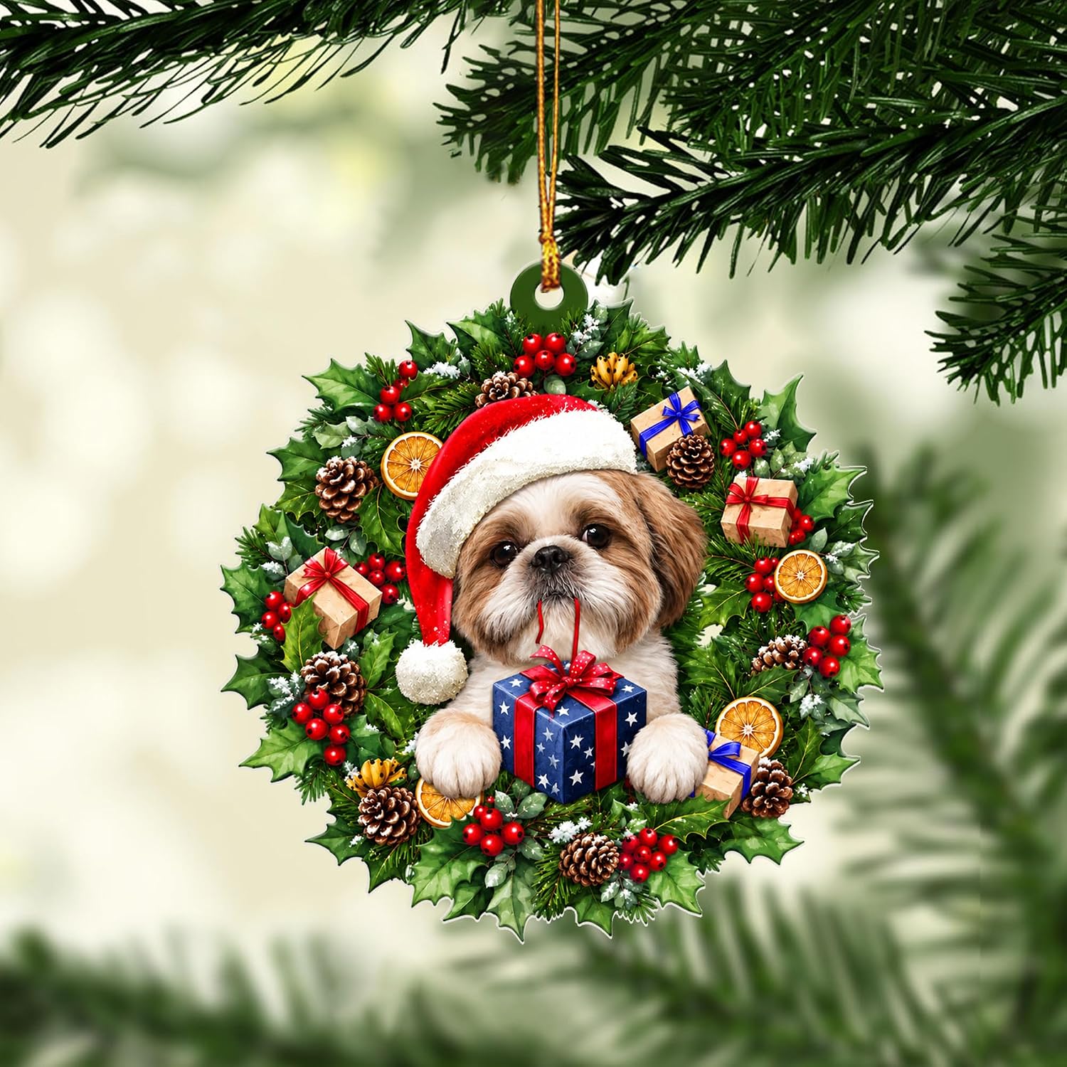 Christmas Hanging Ornament with String Lights for Car Mirror Decor