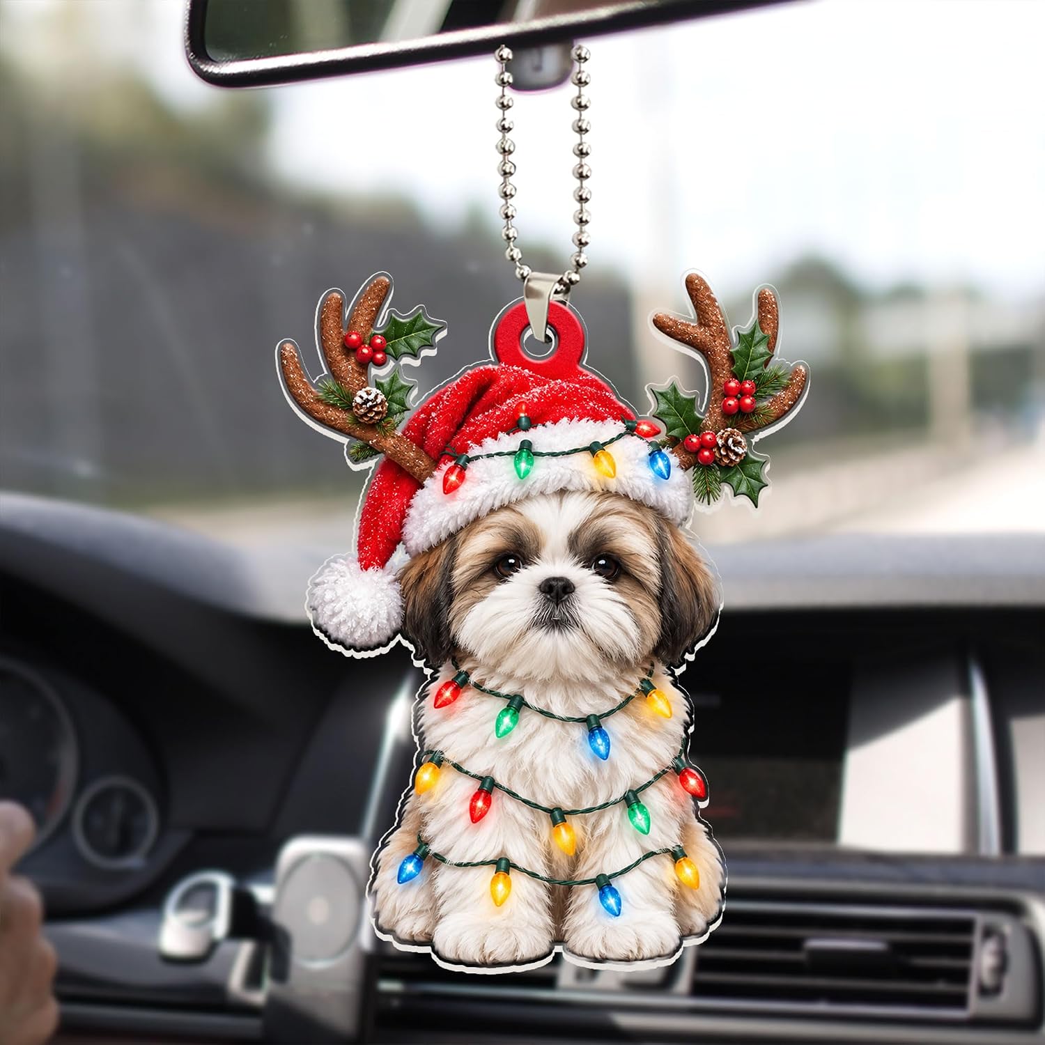 Christmas Hanging Ornament with String Lights for Car Mirror Decor
