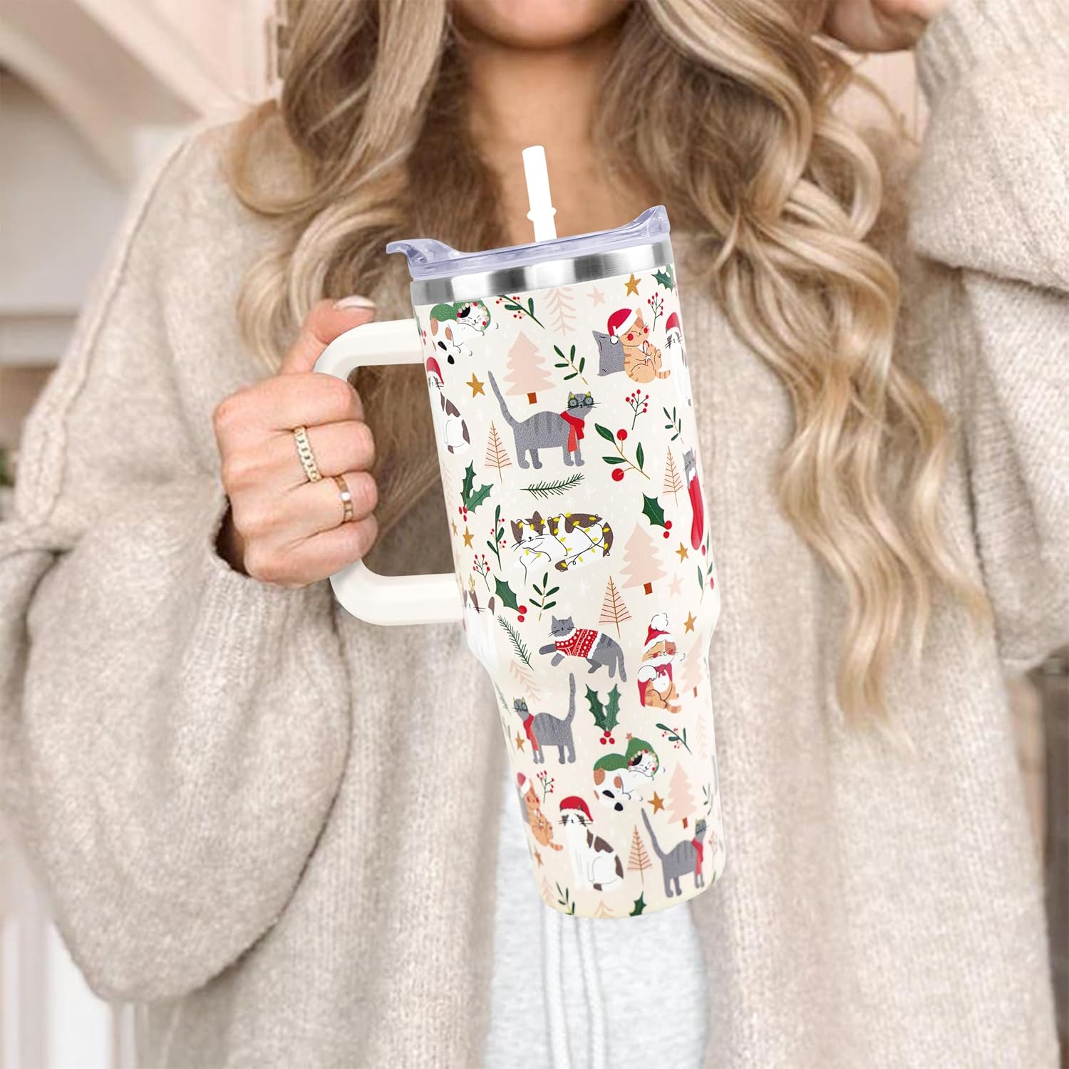 Christmas 40 oz Insulated Tumbler with Handle and Straw for Women