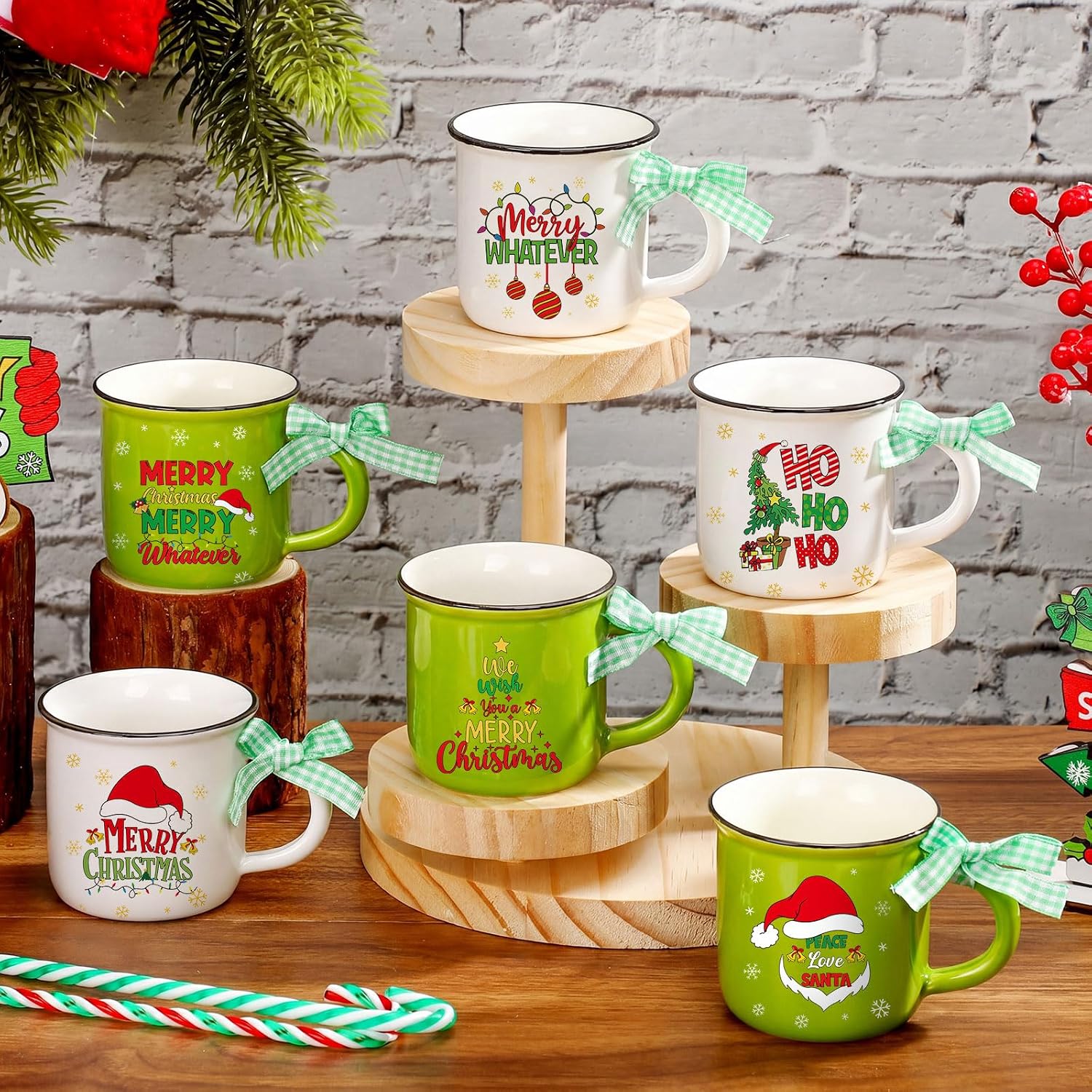 6 Pieces Mini Christmas Coffee Mugs With Ribbons For Men And Women