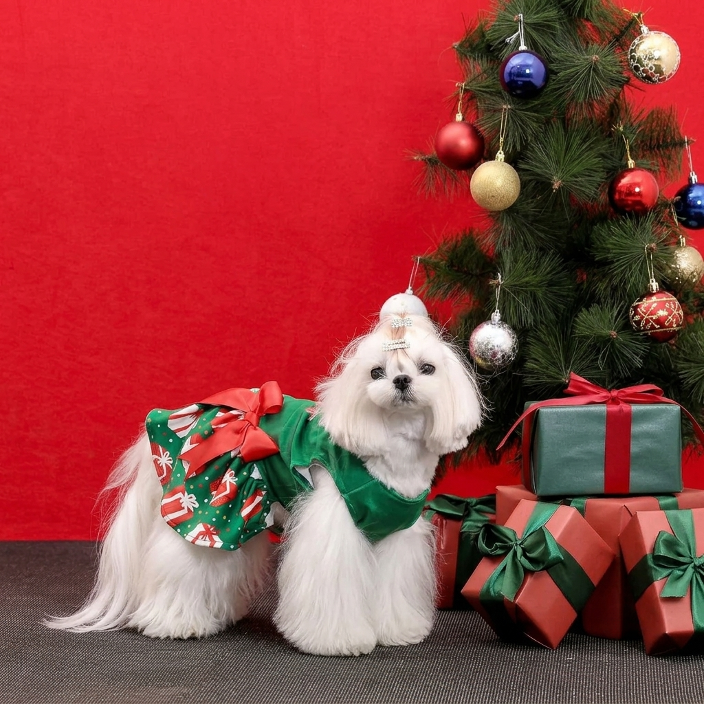 Christmas Printed Velvet Dress For Dogs  