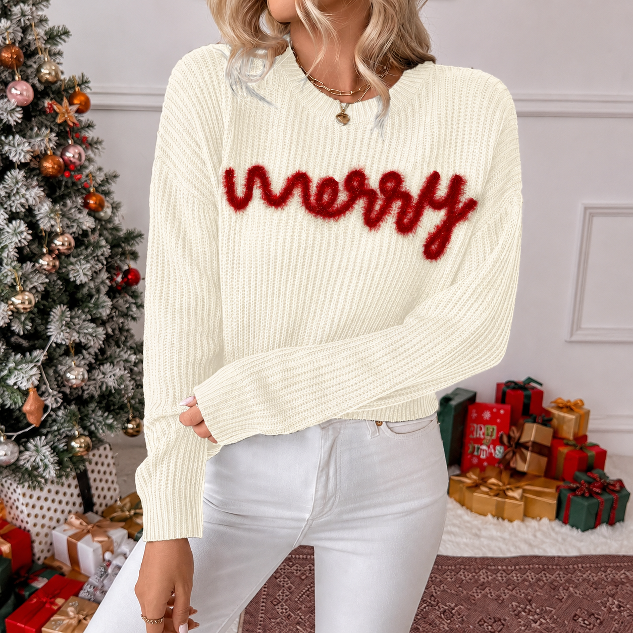Long Sleeve Letter Knitted Christmas Sweater For Women