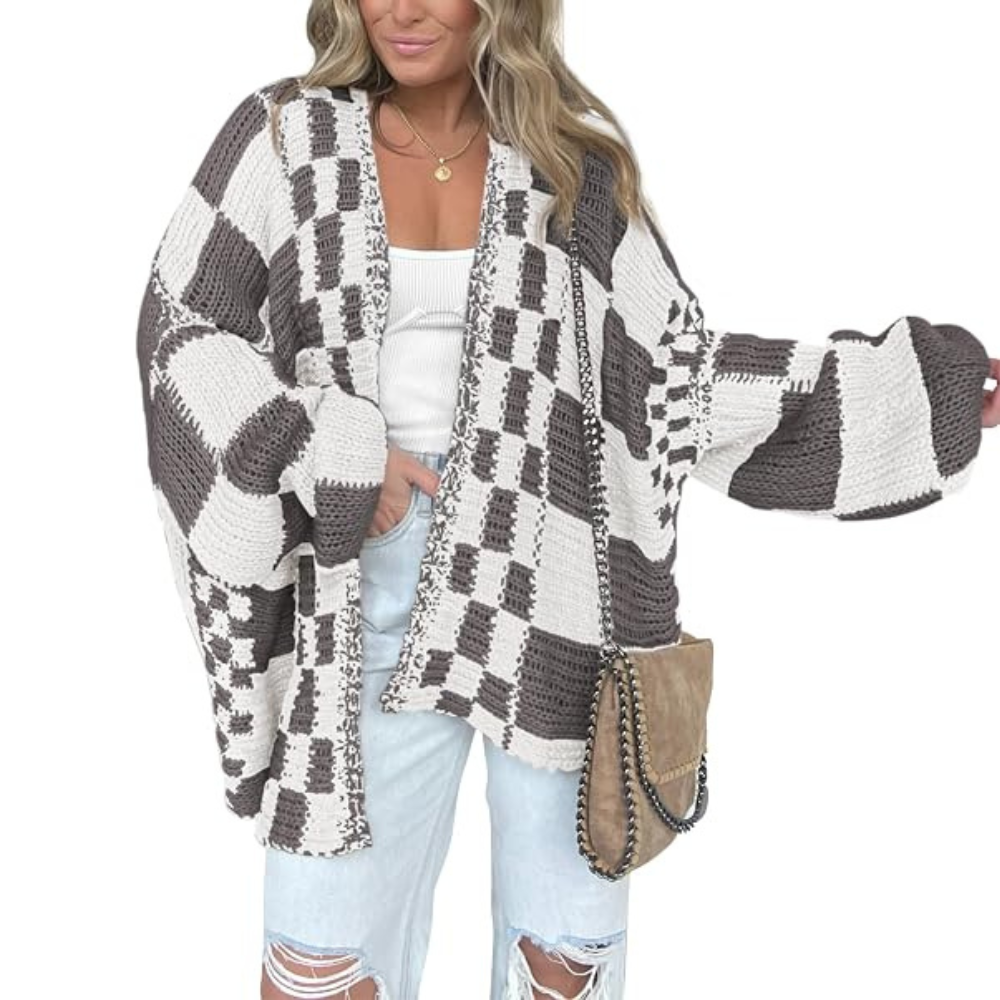 Casual Long Sleeve Checkered Chunky Cardigan For Women