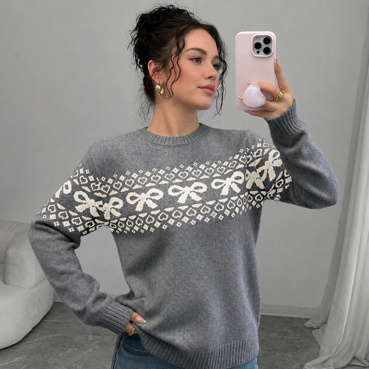 Casual Minimalist Everyday Bow Decor Christmas Sweater For Women
