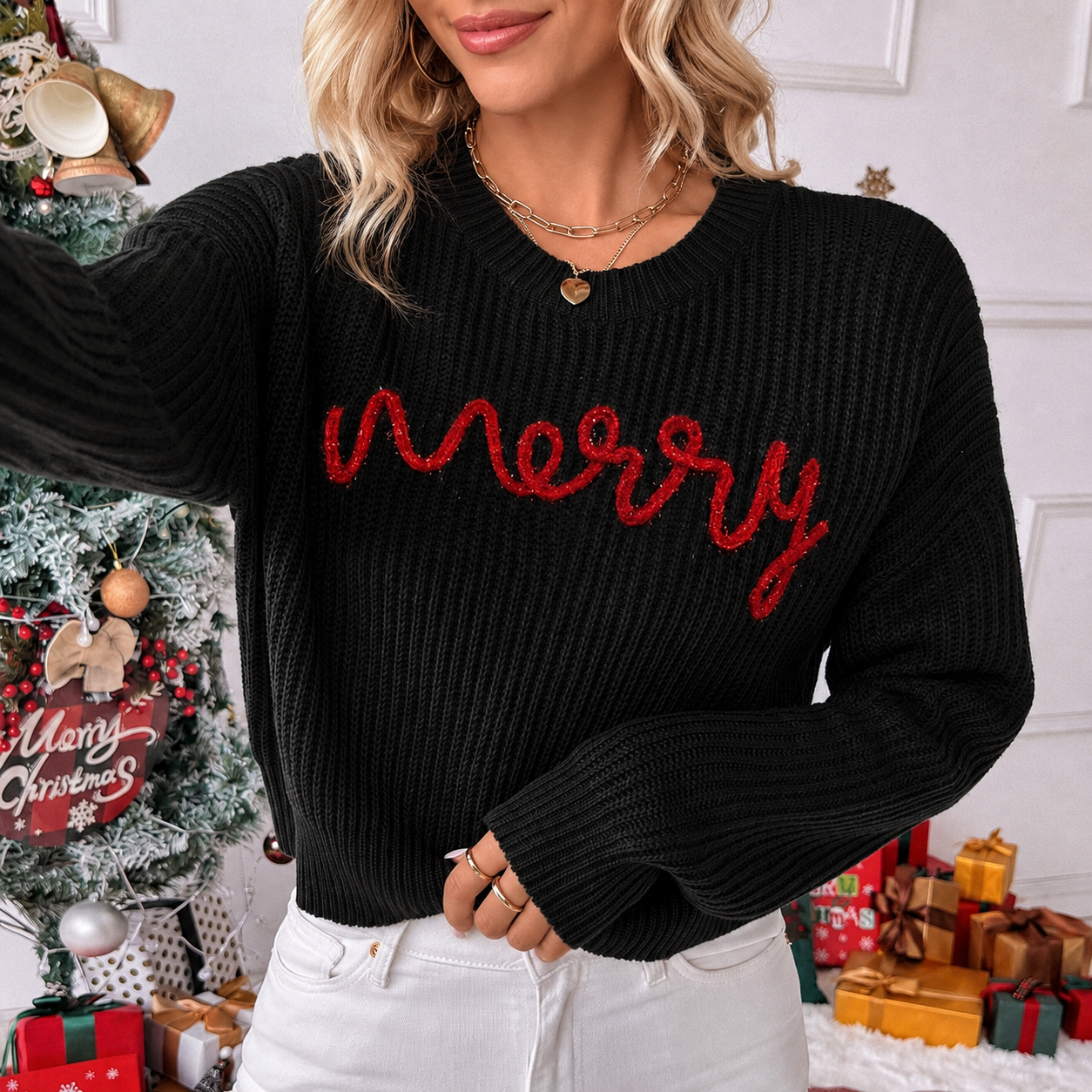 Long Sleeve Letter Knitted Christmas Sweater For Women
