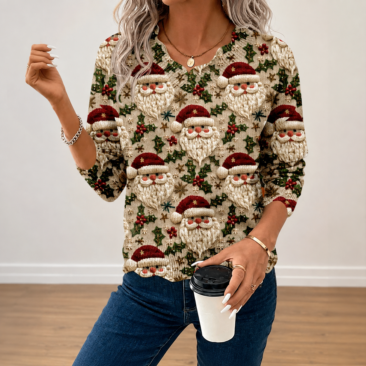 Casual Christmas Vibes Santa Claus Sweater For Women