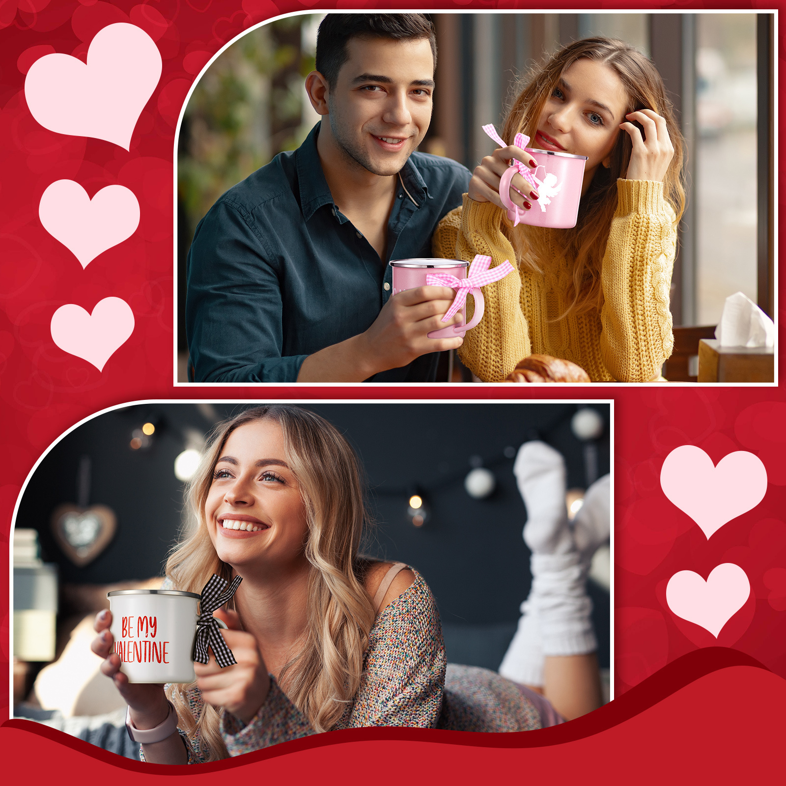 9 Piece Of Valentine Mini Ceramic Coffee Mugs With Ribbon Set