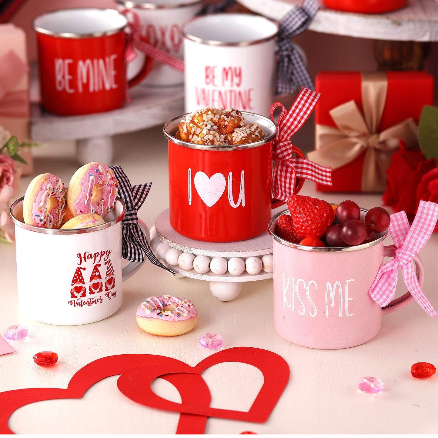 9 Piece Of Valentine Mini Ceramic Coffee Mugs With Ribbon Set