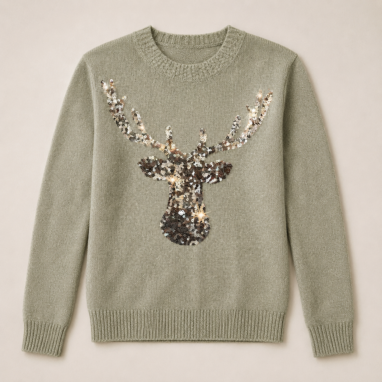 Christmas Deer Pattern Glitter Sequin Long Sleeve Pullover Sweater For Women