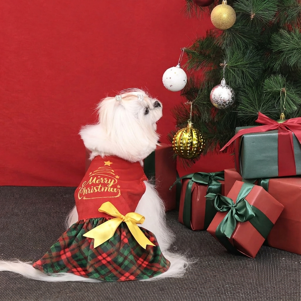 Christmas Printed Velvet Dress For Dogs  