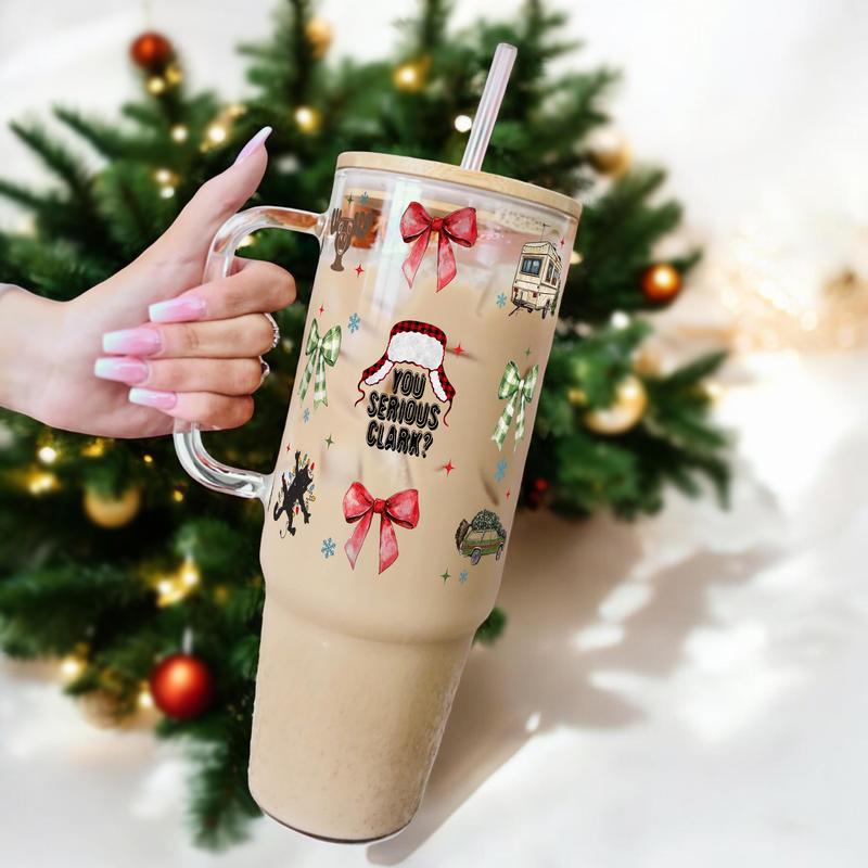 40oz Christmas Cheer Washable Glass Cup With Bamboo Lid And Silicone Straw