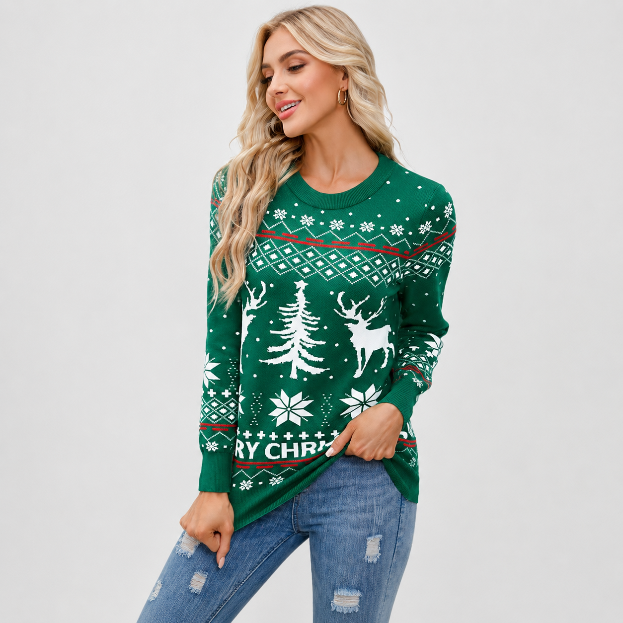Long Sleeve Pullover Reindeer Snowflake Print Christmas Sweater For Women
