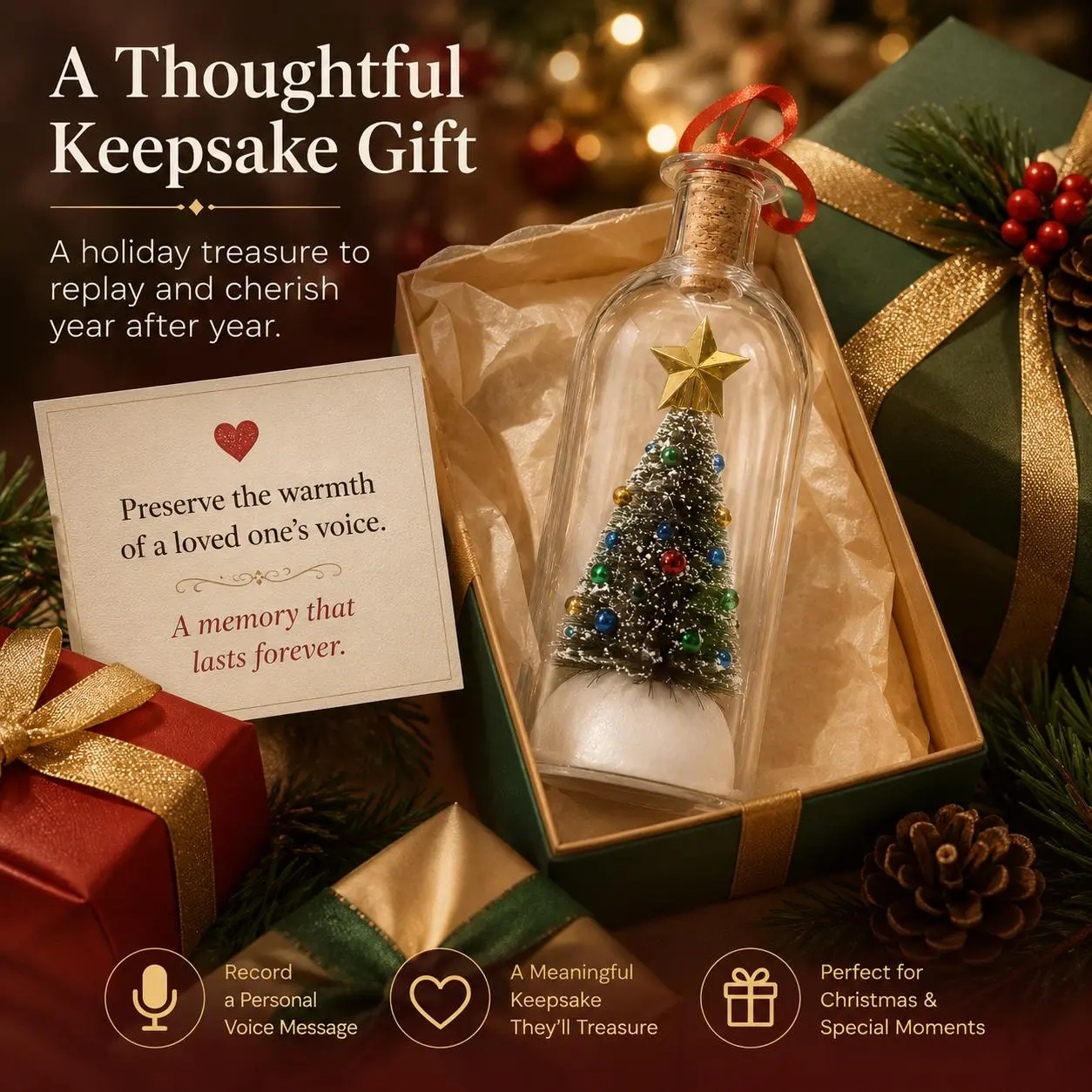 RUXACTY Recordable Christmas Message in a Bottle Ornament 8 Inch Voice Recording Holiday Keepsake with Playback Snowy Christmas Tree Scene Glass Bottle Decoration for Tree Home and Gift,back to school,back to school haul