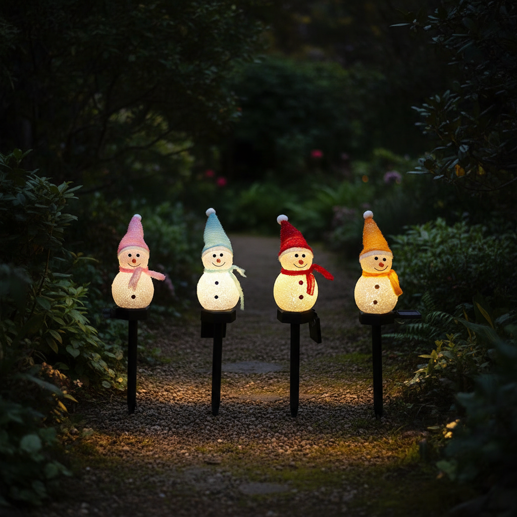 Four solar snowman LED Christmas pathway lights with colorful hats staked along a garden gravel path at night