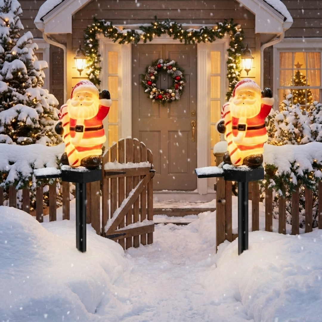 Two solar Santa garden pathway lights glowing warm white, staked on either side of a snowy gate in front of a Christmas-decorated front door