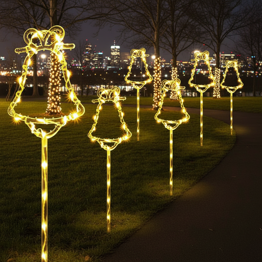 Solar Christmas bell-shaped wire pathway stake lights with warm white LEDs lining a riverside park path at night