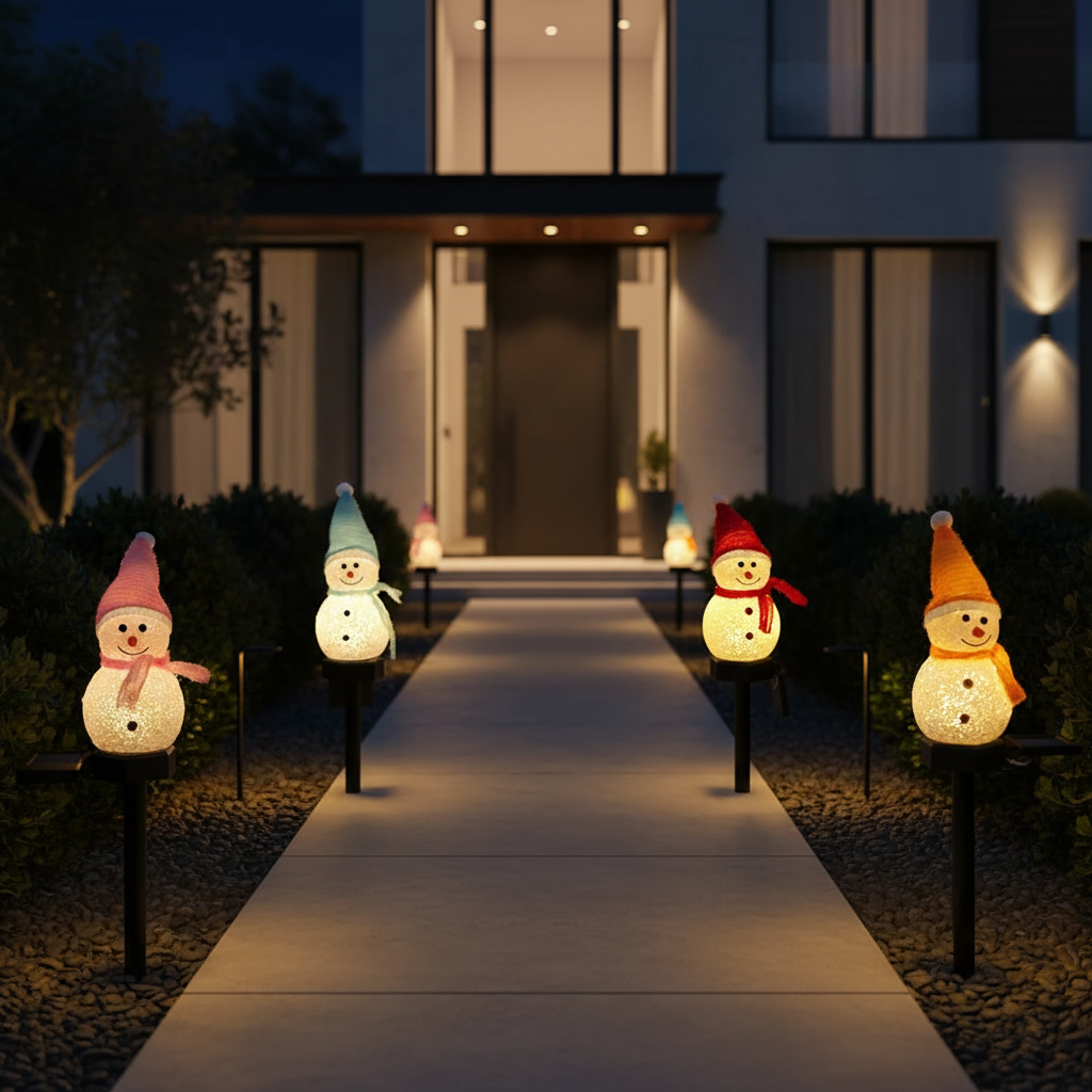 Solar snowman Christmas pathway lights lining a modern home walkway at night, four units in colorful hats