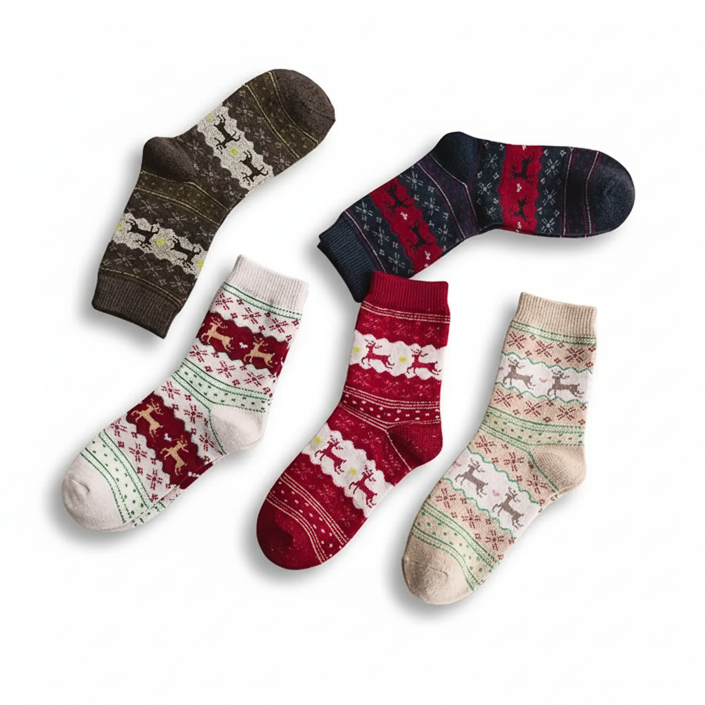 5 Pair Of Cozy Elk Print Christmas Socks For Women