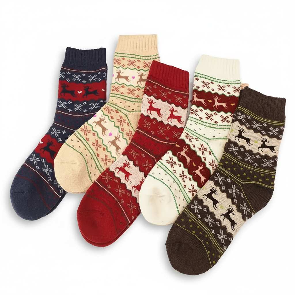 5 Pair Of Cozy Elk Print Christmas Socks For Women