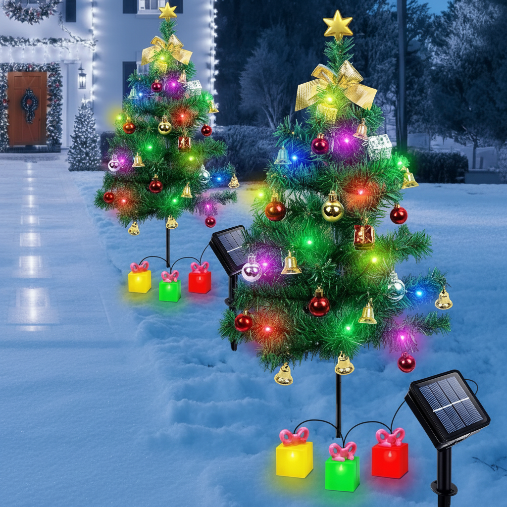 Two solar Christmas tree garden lights with multicolor LED ornaments and star topper in snowy front yard