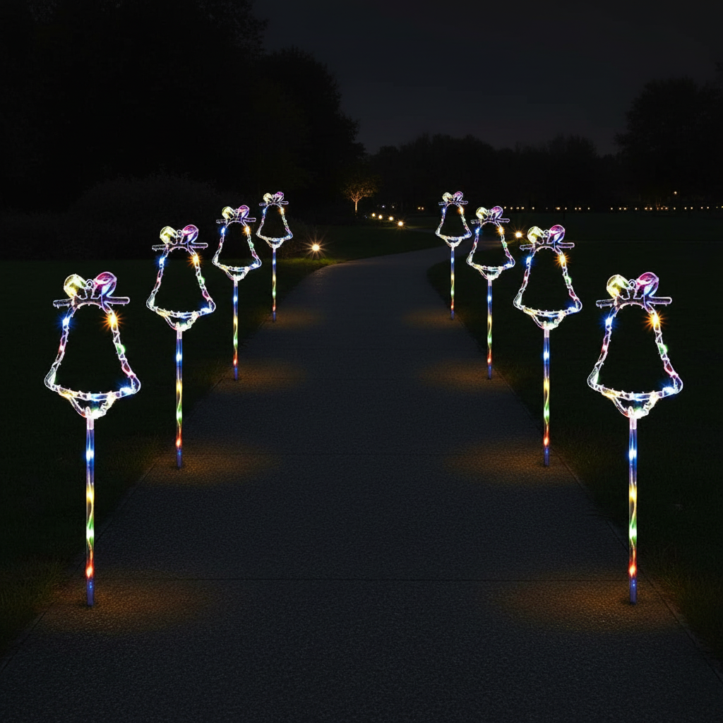 Solar Christmas bell silhouette pathway stake lights with multicolor LEDs lining a dark garden path