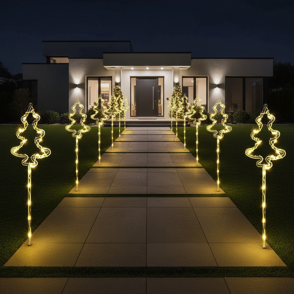 Solar Christmas bell wire pathway stake lights lining a long modern driveway at night with warm amber glow