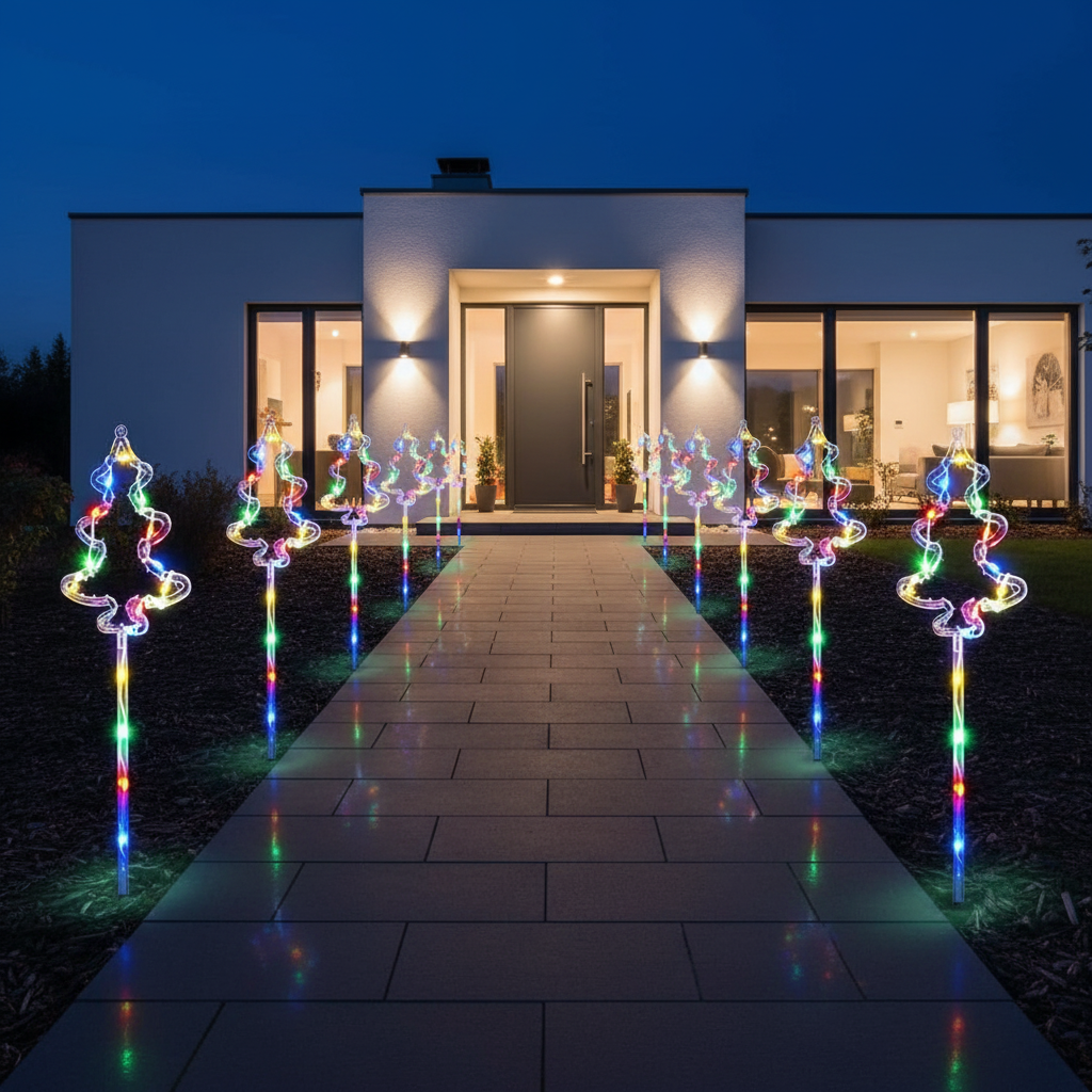 Solar Christmas pathway lights in wire silhouette shapes including reindeer and snowflake lining a modern home walkway at night