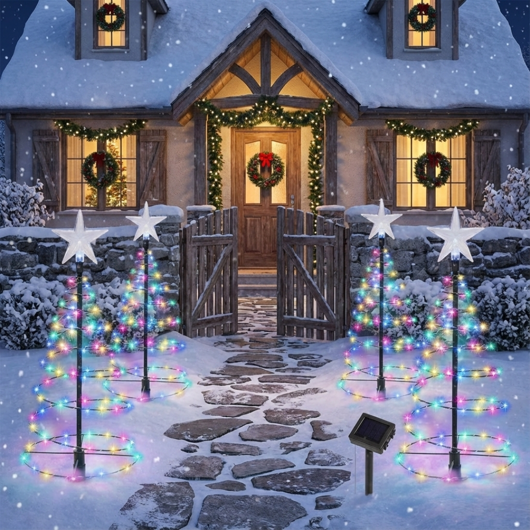 Four solar spiral Christmas pathway tree lights with star toppers and multicolor LEDs flanking a stone gate path in a snowy yard, solar panel stake visible in foreground