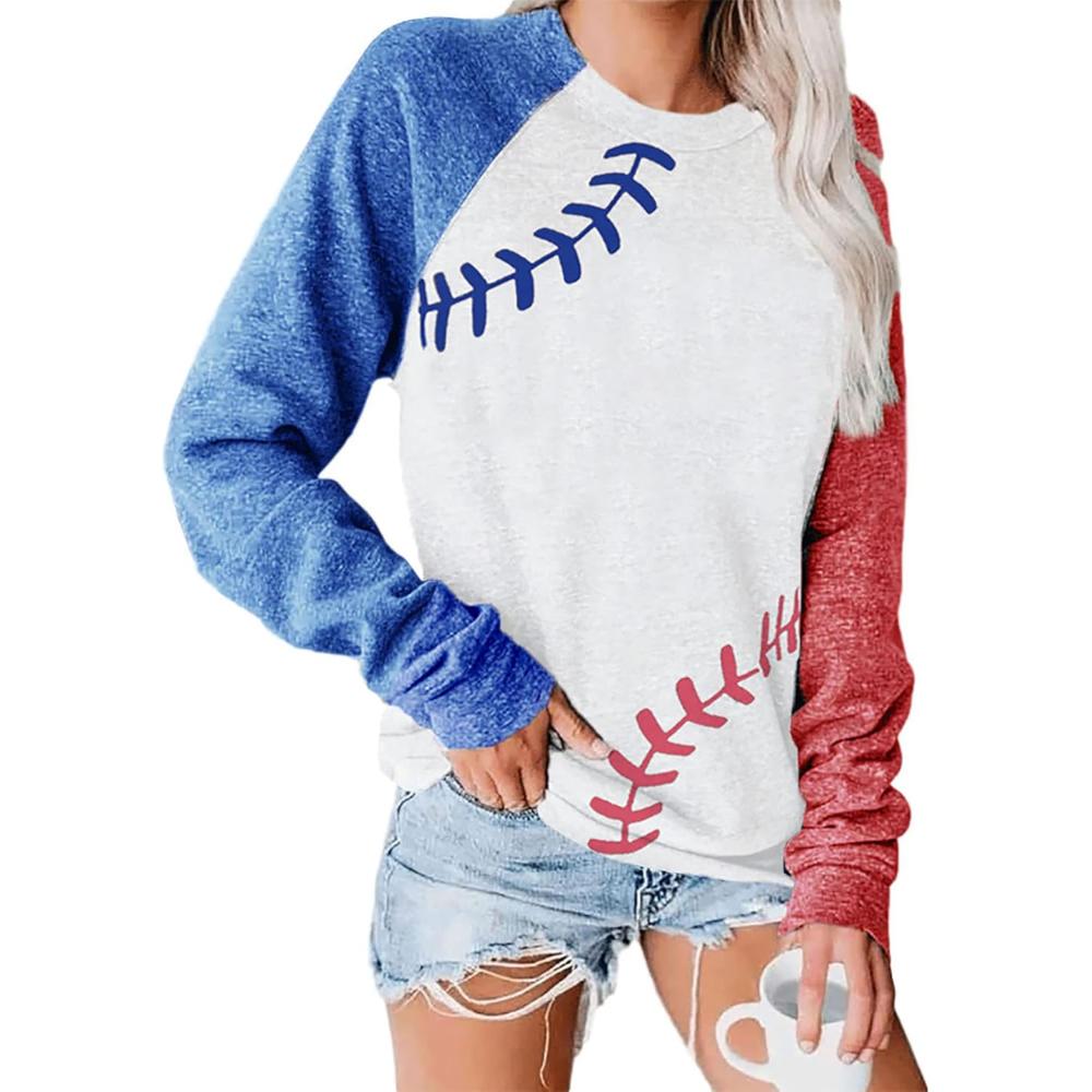 Baseball Stitch Print Pullover Sweatshirt Patriotic Stitch Sweatshirt