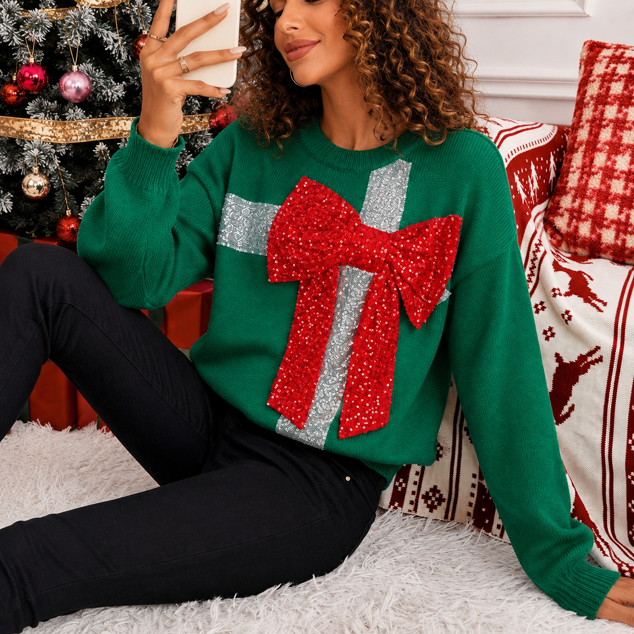 Bow And Sequins Embellished Christmas Sweater For Women