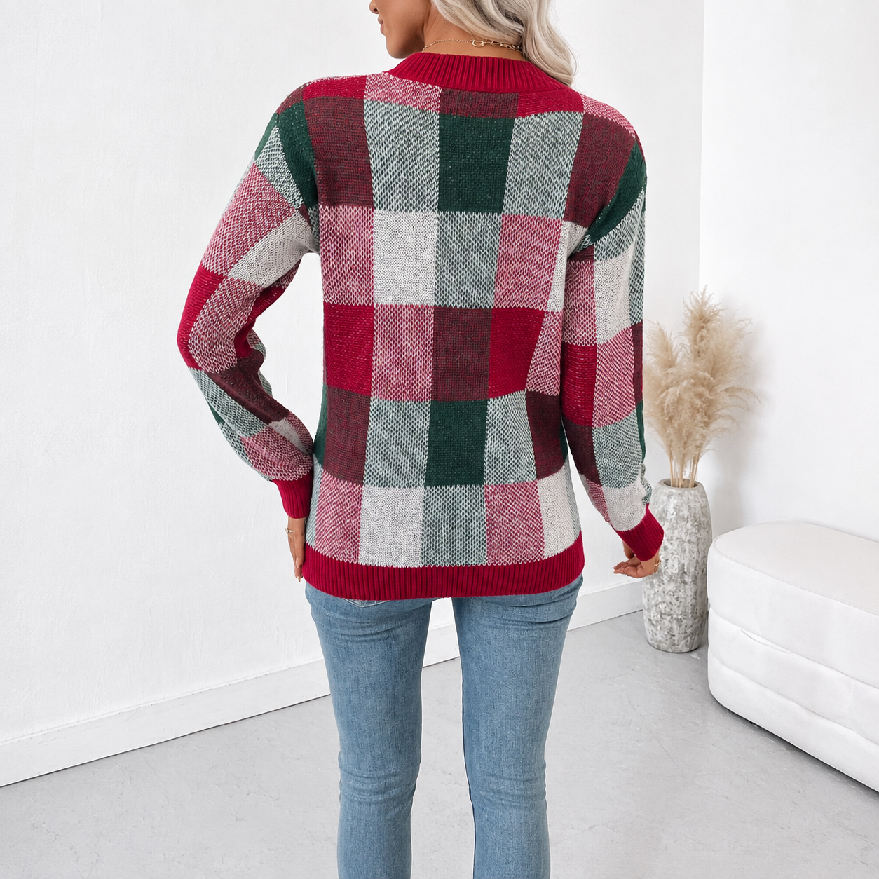 Casual Plaid Knit Long Sleeve Christmas Pullover Sweater For Women
