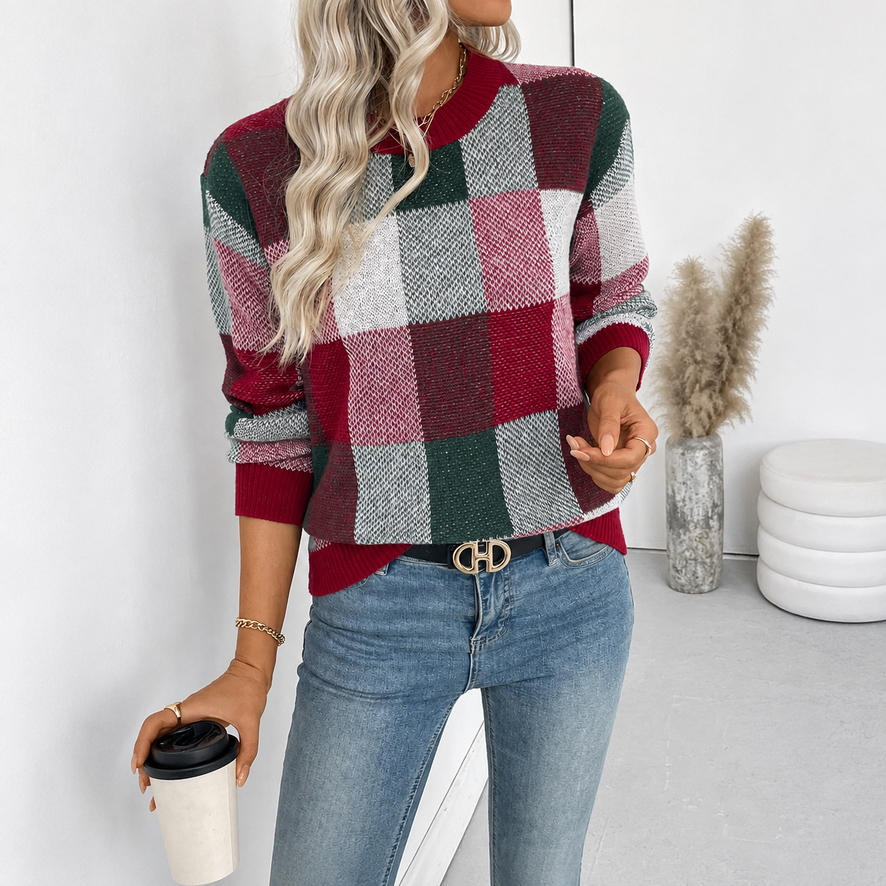 Casual Plaid Knit Long Sleeve Christmas Pullover Sweater For Women