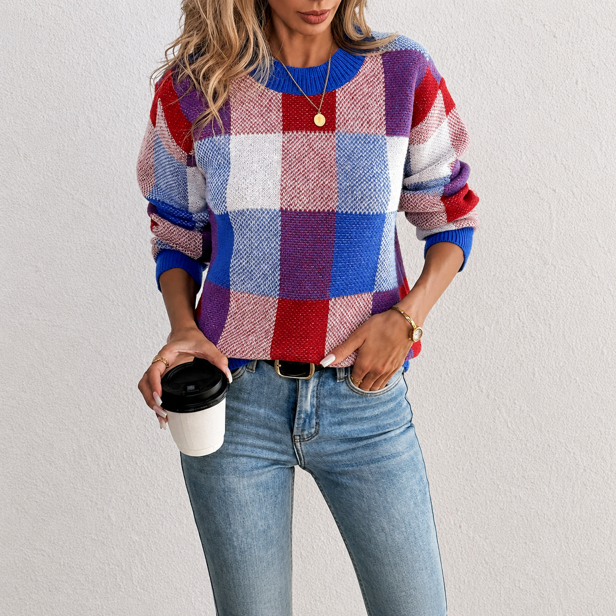 Casual Plaid Knit Long Sleeve Christmas Pullover Sweater For Women