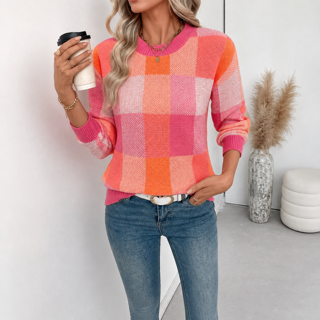 Casual Plaid Knit Long Sleeve Christmas Pullover Sweater For Women