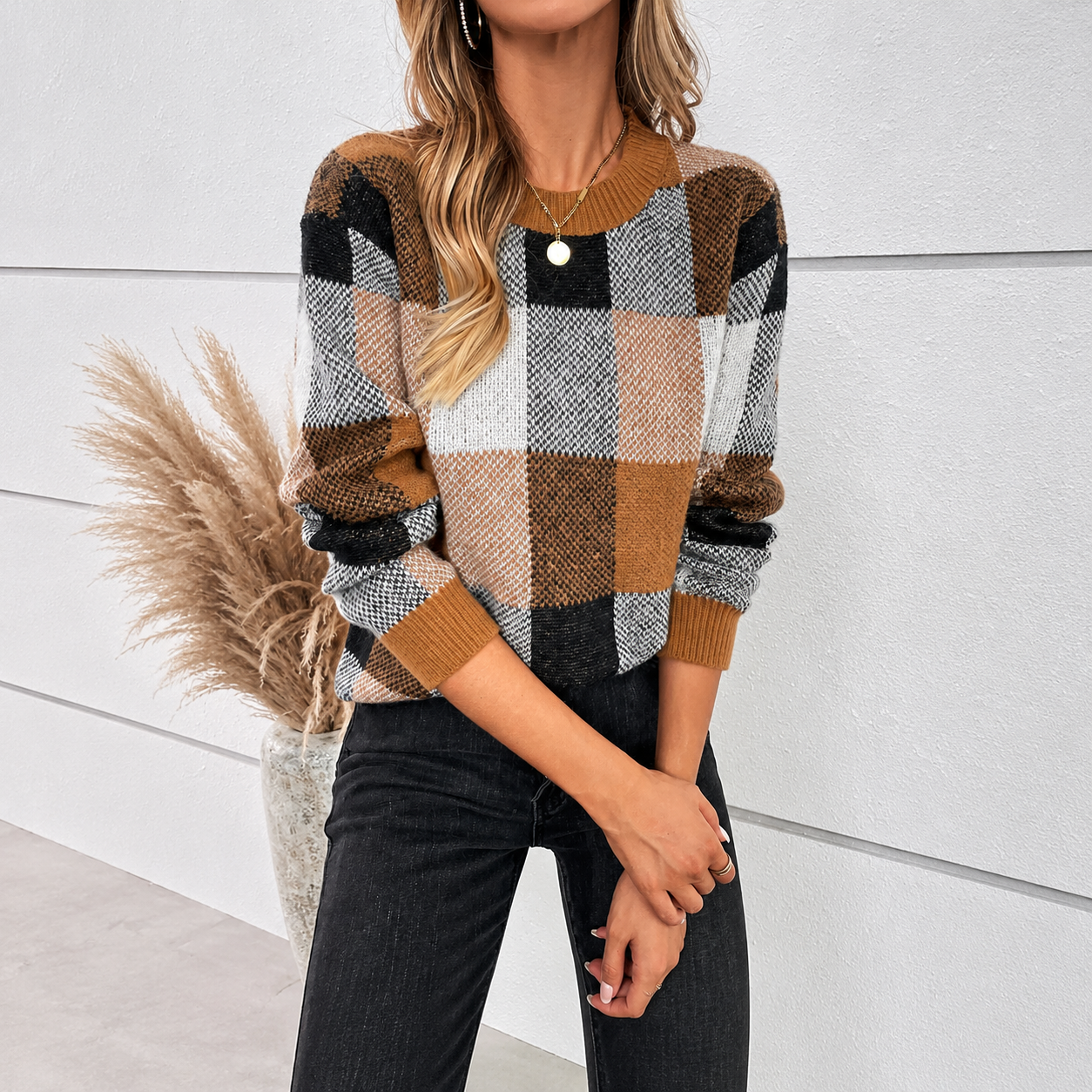 Casual Plaid Knit Long Sleeve Christmas Pullover Sweater For Women
