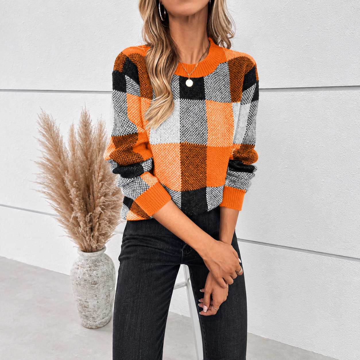 Casual Plaid Knit Long Sleeve Christmas Pullover Sweater For Women