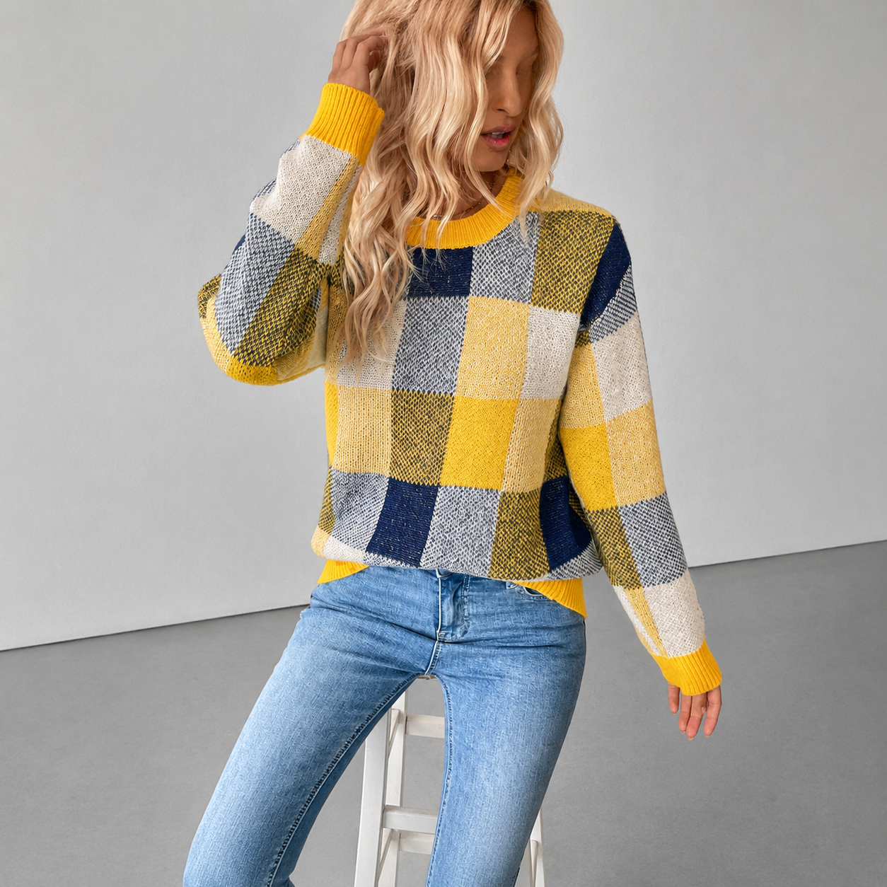 Casual Plaid Knit Long Sleeve Christmas Pullover Sweater For Women