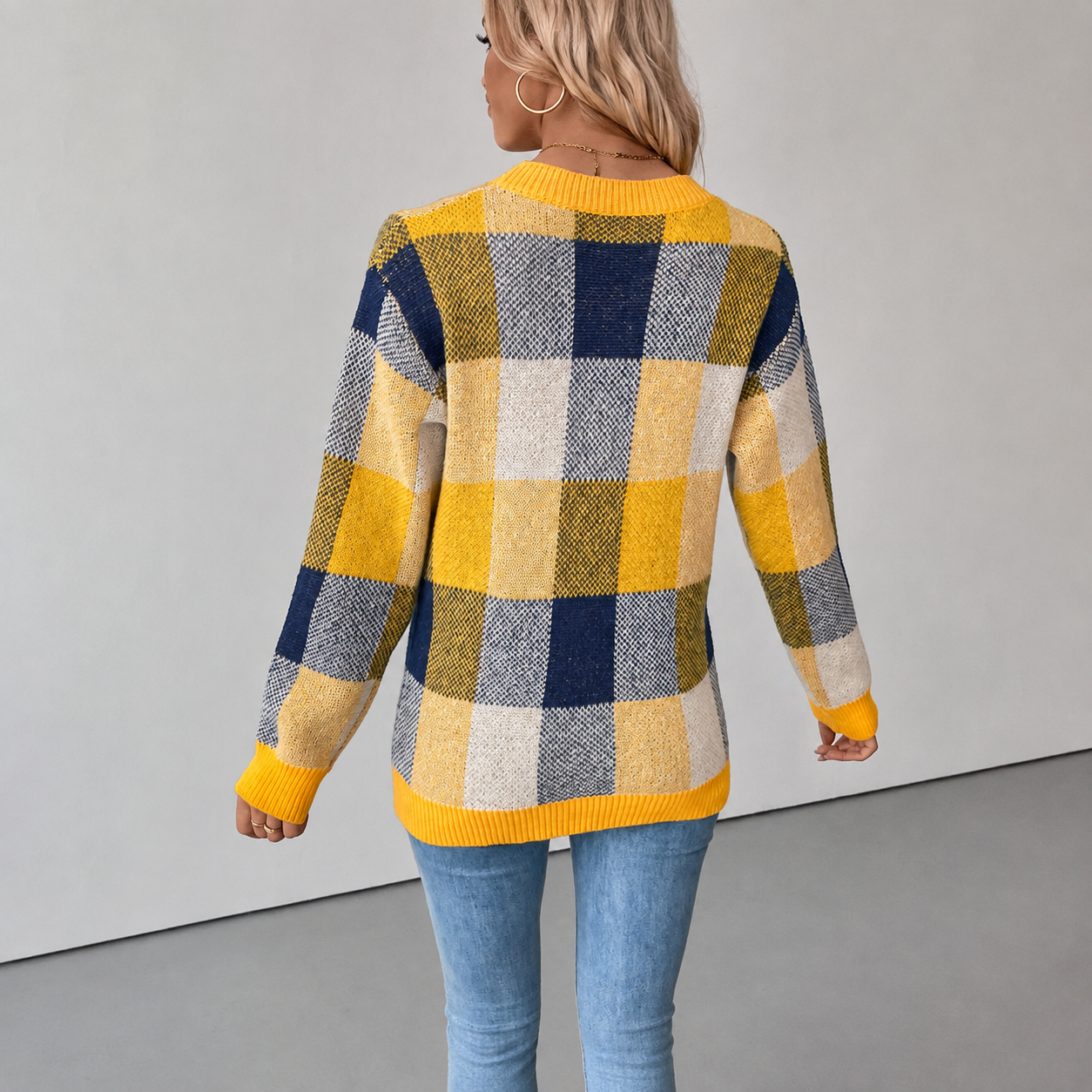 Casual Plaid Knit Long Sleeve Christmas Pullover Sweater For Women