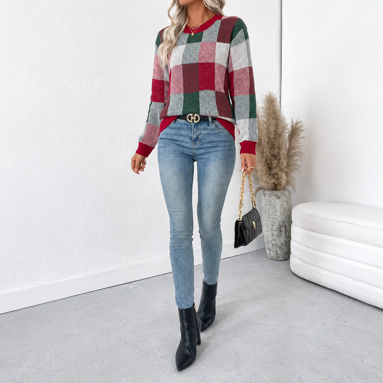 Casual Plaid Knit Long Sleeve Christmas Pullover Sweater For Women