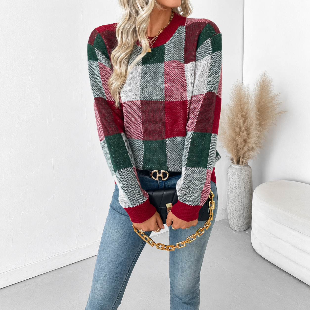 Casual Plaid Knit Long Sleeve Christmas Pullover Sweater For Women