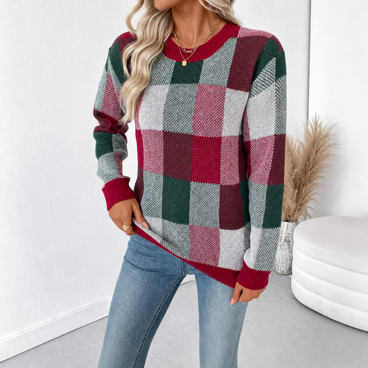 Casual Plaid Knit Long Sleeve Christmas Pullover Sweater For Women