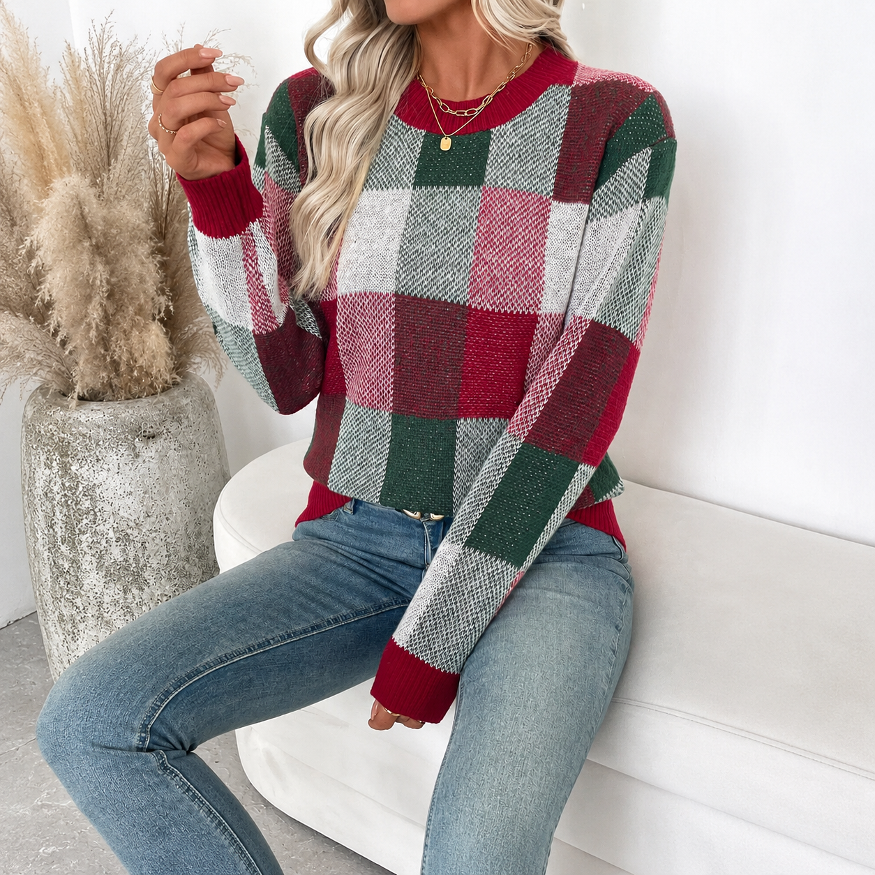 Casual Plaid Knit Long Sleeve Christmas Pullover Sweater For Women