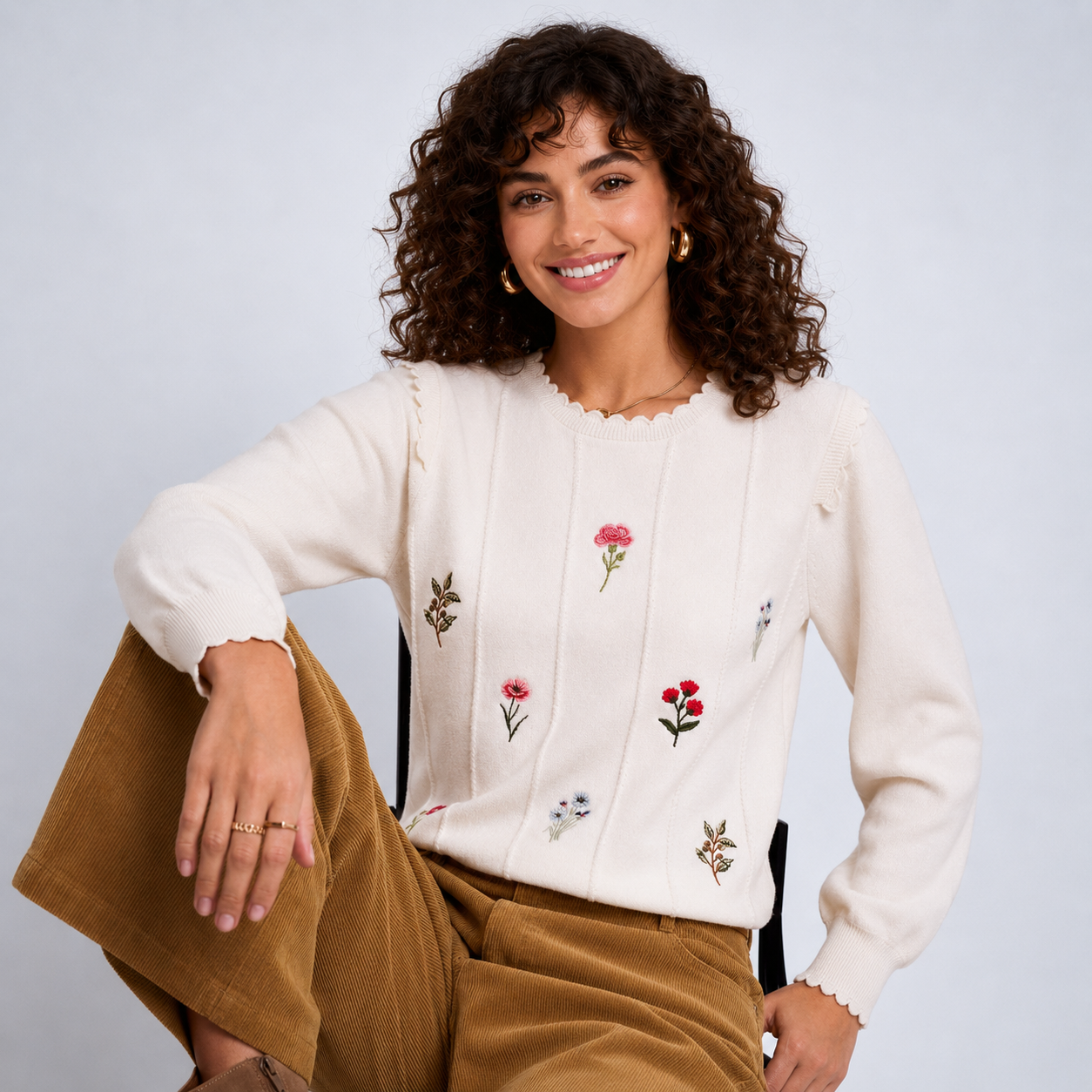  Floral Embroidery Long Sleeve Pullover Blouse Christmas Sweater For Women